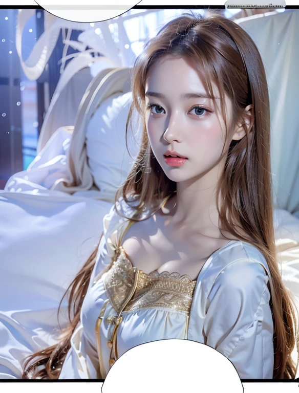 ((actual)),((from above)), ((knee shot)), 1 busty girl, Posing for photos, inside in room, Lie flat on the bed, Cross ed leg, pretty legs,detailed scene, curlies, Air bangs, beautiful hair ornaments, Brownish-yellow hair, ((Sweet girly clothes 4,Off-the-shoulder dress,jewely,)), illuminate warmly, warm color palette, Detailed details, ultra - detailed, (tmasterpiece, Best quality at best), (An extremely delicate and beautiful work), Delicate earrings, Delicate necklace, simple blurr background, Extremely detailed description, Ultra-fine painting, delicated face, slim toned body, (ssmile, Teeth are exposed), (Anatomical correct)