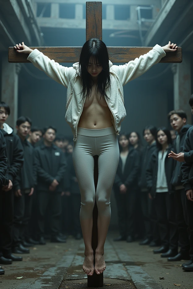 (((Full body shot of a beautiful woman、Low - Angle)))、(((Carrying the Cross)))、(((In front of the public、Public place)))、(((Crucified on a cross))),(((Full nudity)))、(((Tied to a big cross))),((( Body hanging from a giant cross))),(((Delicate face、20-year-old K-Pop girl)))、{{Angle Bob}}、Attractive curves、In the pelvis、Glowing Skin、Dynamic Pose、(vulva:1.275)、(In 8K、Live Shooting、Highest quality、masterpiece:1.47), (Raising both arms high), Constraints, (Arms and legs are chained), (鎖でConstraintsされた体), (I can't move), Unable to move freely, (Being tied up), (Sexy pose), sexual excitement, sexual expression,Excited to be seen, Stare, Embarrassing, Sexy expression,Sweating a lot,
