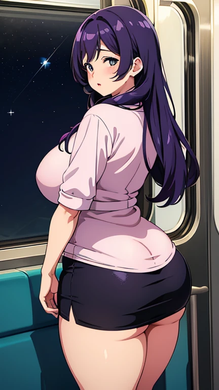 (Perfect body),Best Quality,16 K、Mouth open、I'm surprised、Ahegao、Blushing、embarrassed from、(Breasts come out)、( are protruding)、(large udder)、(Very big butt)、(very large thighs)、(fatness)、backs、Dark hair、Blue eyes、1girl in、(Arms behind your head)、(posterior view)、Looking back、Sweat、(Light blue panty)、(Striped panties)、(School uniform)、Red ribbons、Panchira、(despairing)、On the train、is standing、