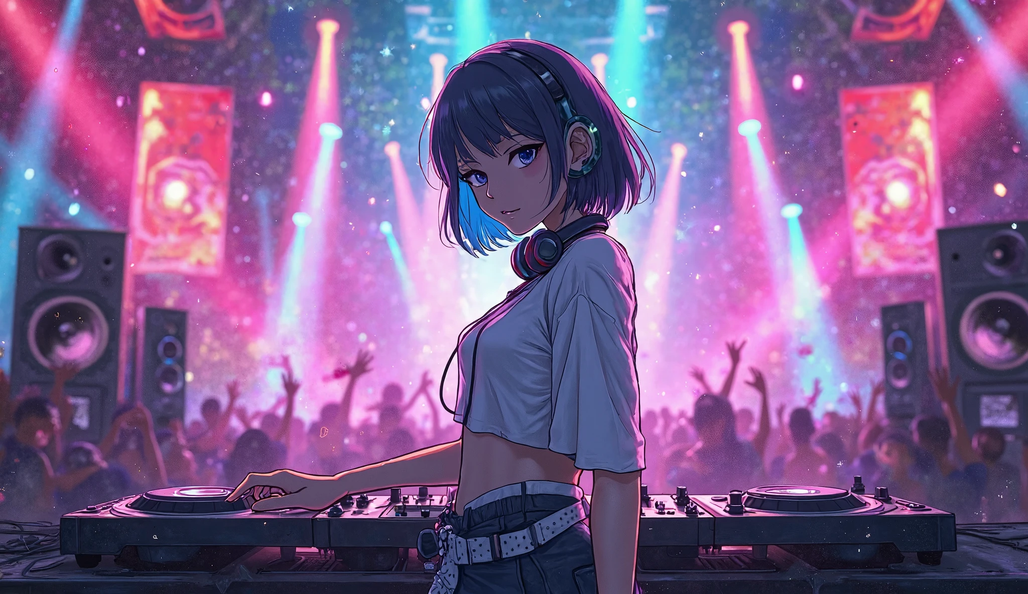 "A vibrant anime-style digital illustration of a young FEmale DJ performing on stage. He has short, stylish dark hair with blue highlights, wearing a white and black modern streetwear outfit with headphones around his neck. The background is a colorful club scene filled with neon lights, laser beams, and a crowd of dancing people. Multiple speakers and sound equipment are visible. The atmosphere is energetic, modern, and lively, with a strong TikTok aesthetic. Add glowing text overlay with a list of viral DJ song titles for 2025.  REAL-LIFE, 4K HD RESOLUTION