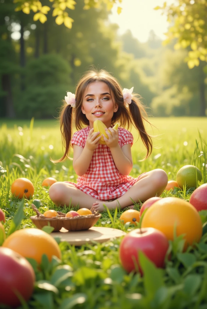 there is a BLONDE CHILD WITH BIG STRAIGHT HAIR, holding, a fruit basket with a pineapple, a fruit basket, fruit in a basket, fruit basket, fruit, fresh fruit, 2995599206, 3156350975, yolks and diamond for fruits, fruit bowl, fruits and flowers, (a bowl of fruits)!!!!!!!
