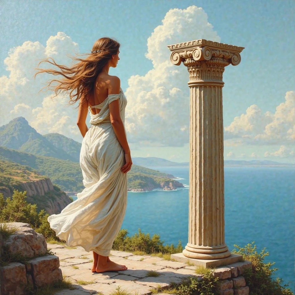 A beautiful oil painting of an ancient Greek lady standing next to a temple pillar on top of a hill looking out over the ocean. There are feint mountains in the distance and clouds in the sky. She is wearing a white toga that flows in the wind. She has long silky hair that also flows in the wind. Her back is facing the viewer. She has an hourglass figure with a thin waist and wide hips and a large round butt. She is on the side of the image and the ocean can be seen. High quality. Extreme detail. Highly detailed.