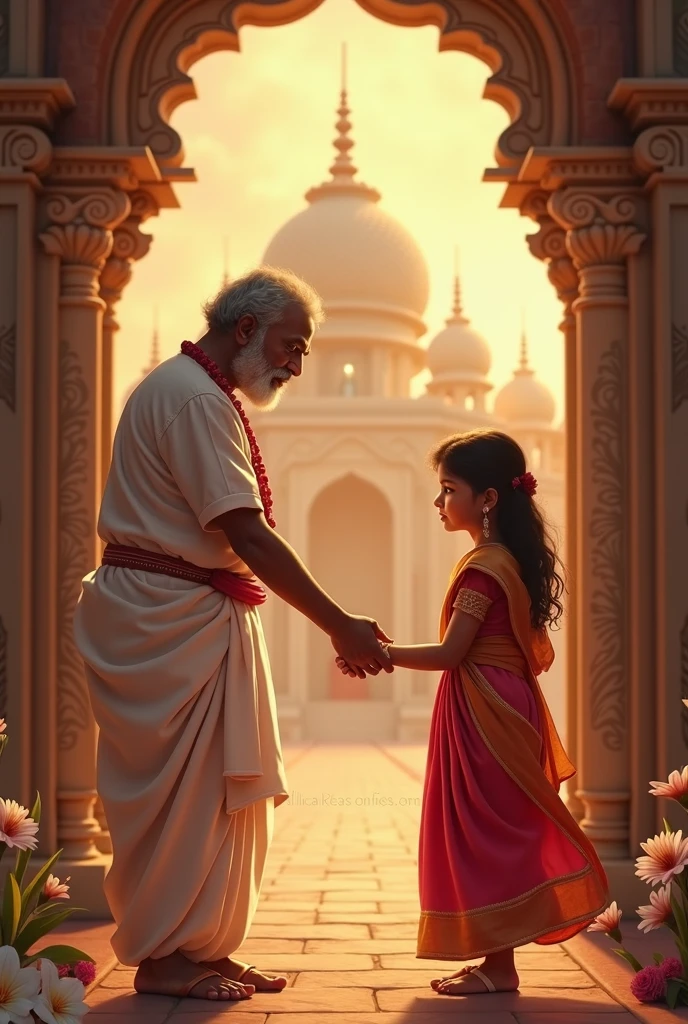 can you create an ai image of a Telugu father holding his daughter's hand at a temple, showing a special bond of the relationship, some kind of sorrow in the daughter's eyes since the father has passed away, the father being a burly man, about 6 feet tall, and 44 years old Telugu man, wearing beautiful shirt and pants, and the daughter being , a little chubby, brown skin with long hair, wearing a cute dress