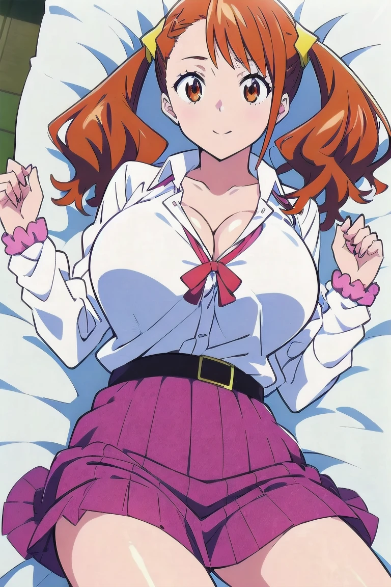 (((top-quality、masterpiece)))、1girl in、A stunning、((a room))、((schools))、(a miniskirt)、((Orange hair))、(((Longhaire)))、barechested、A sexy、(((Sheer uniform)))、student clothes、(((Colossal tits)))、large full breasts、Sheer areol、((Pink underwear is visible))、Show underwear、neck tie、I can see my chest a little