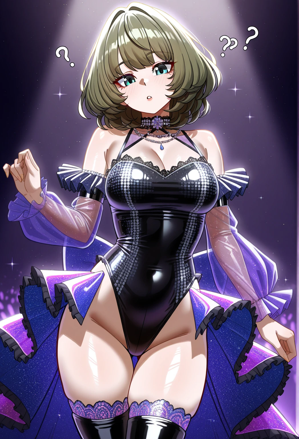 Anime illustration、highest quality、cyber punk、Sensual and voluptuous diva、Sing and dance、Night Show、Colorful Costume、illuminated by spotlight、Colorful glow sticks、Perfect Proportions、Live music on the stadium stage、Overwhelmingly large breasts、beautiful, Shining Eyes、Cowboy Shot、smile、Noise Reduction