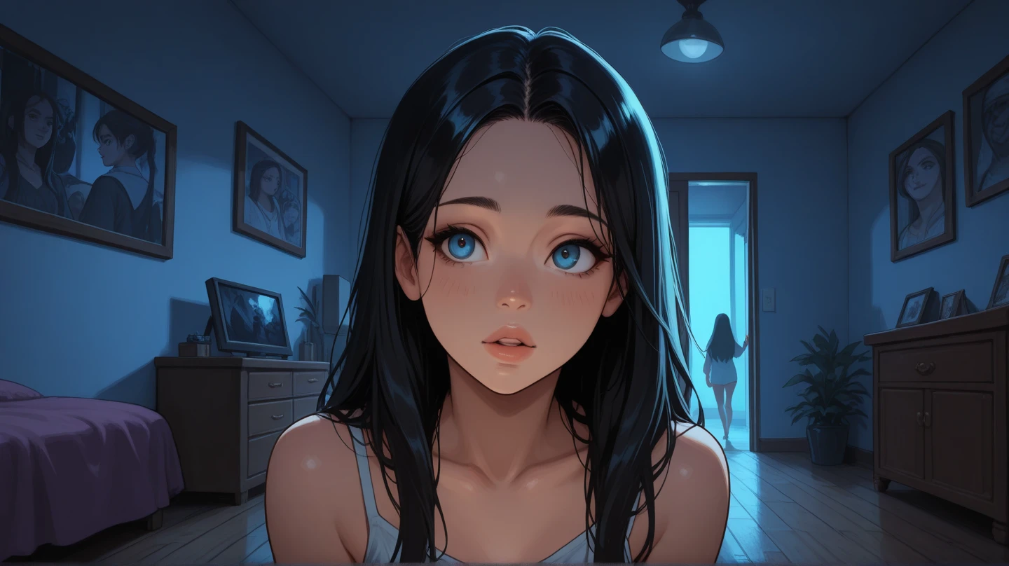 Sentence: "Everyone said that Ayesha had changed. But Ayesha knew that she was a victim of that night’s horror. And now, she was not alone."Prompt: Ayesha in a dimly lit room, looking different from before, with a subtle, ghostly presence beside her. The room's atmosphere is filled with an unsettling mix of silence and an unseen presence, suggesting she is never truly alone. 3D animated cartoon