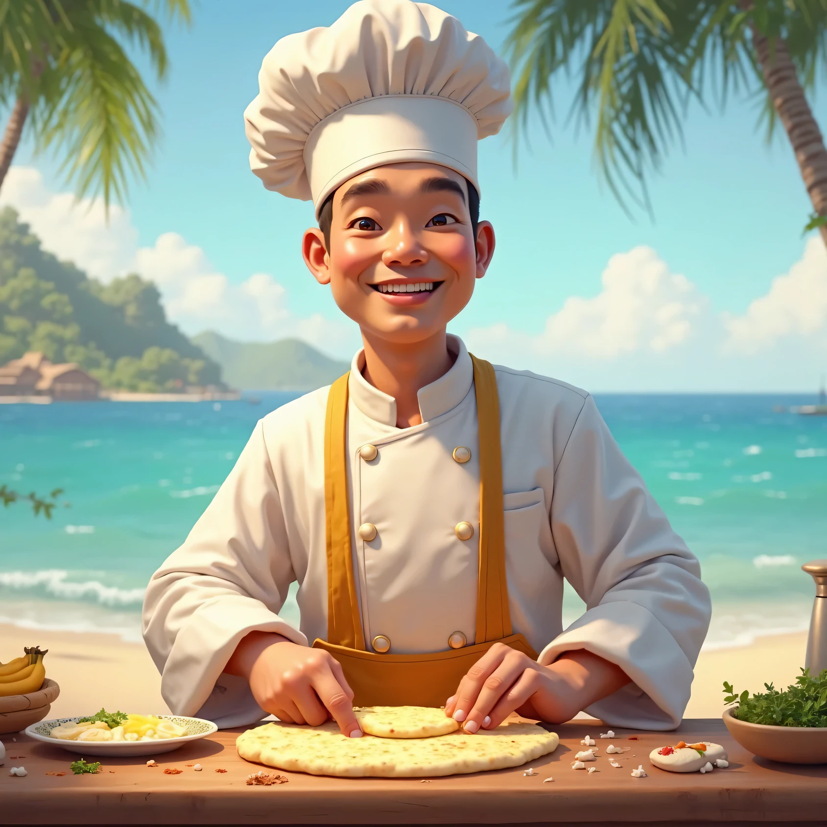 Asian chef prepares banana roti on the seashore.  He's smiling. Sunny day.