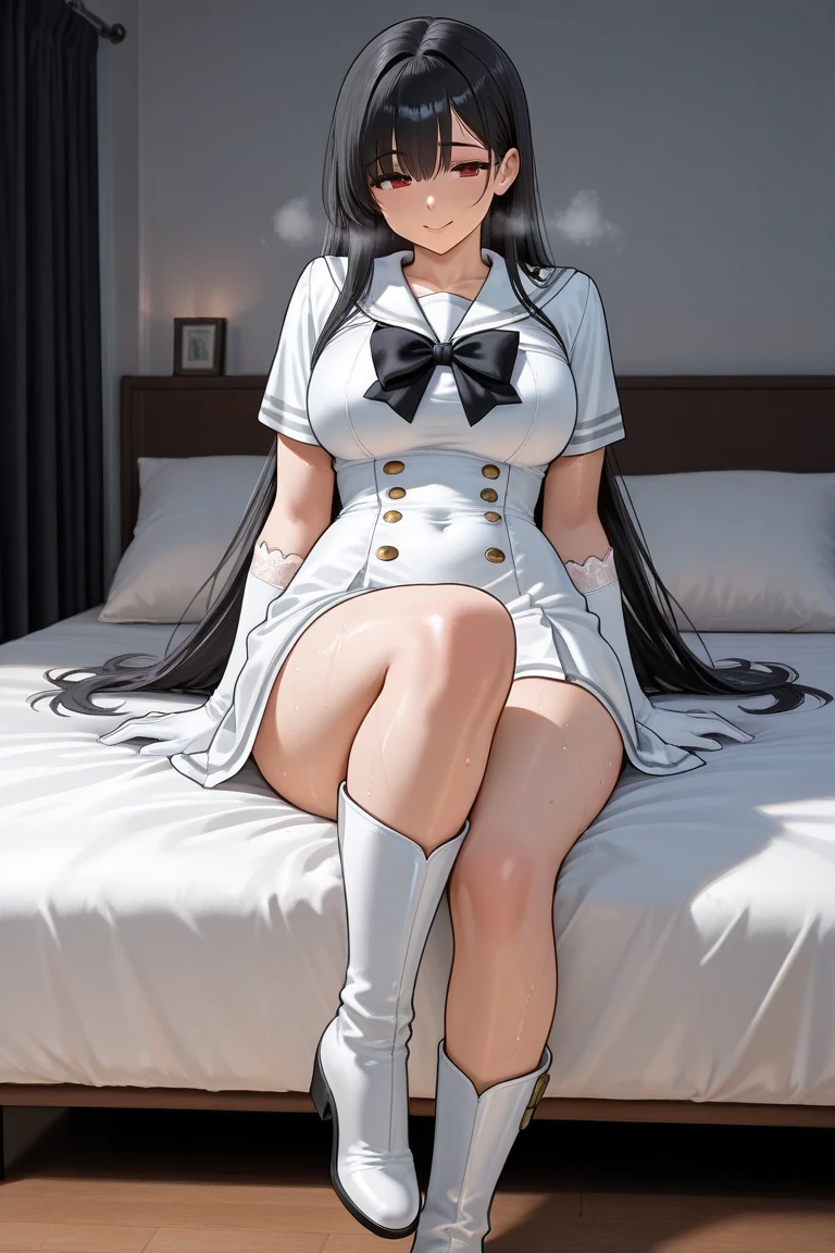 (masterpiece, best quality,ultra detailed),Guila,1girl,headband,long hair,slim,cute,shinny skin,single bangs,bangs,black hair,white outfit,metal glove,jacket,short sleeves,one piece,motif,metal glove,boots),(bare chest,big breasts,upper body,thigh,closed eyes,(day,indoors,rays),(sit,calm),<lora:Guila:0.4>