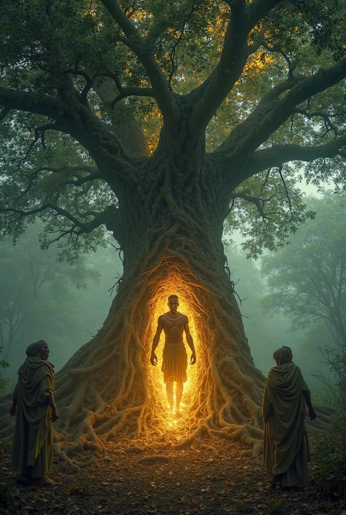 The soul of an African king being engulfed by a massive mystical tree, its roots pulling him into the ground, his body glowing with a golden aura, the spirits of the forest surrounding him, shadowy figures with ancient faces, eerie mystical atmosphere, cinematic lighting and high contrast