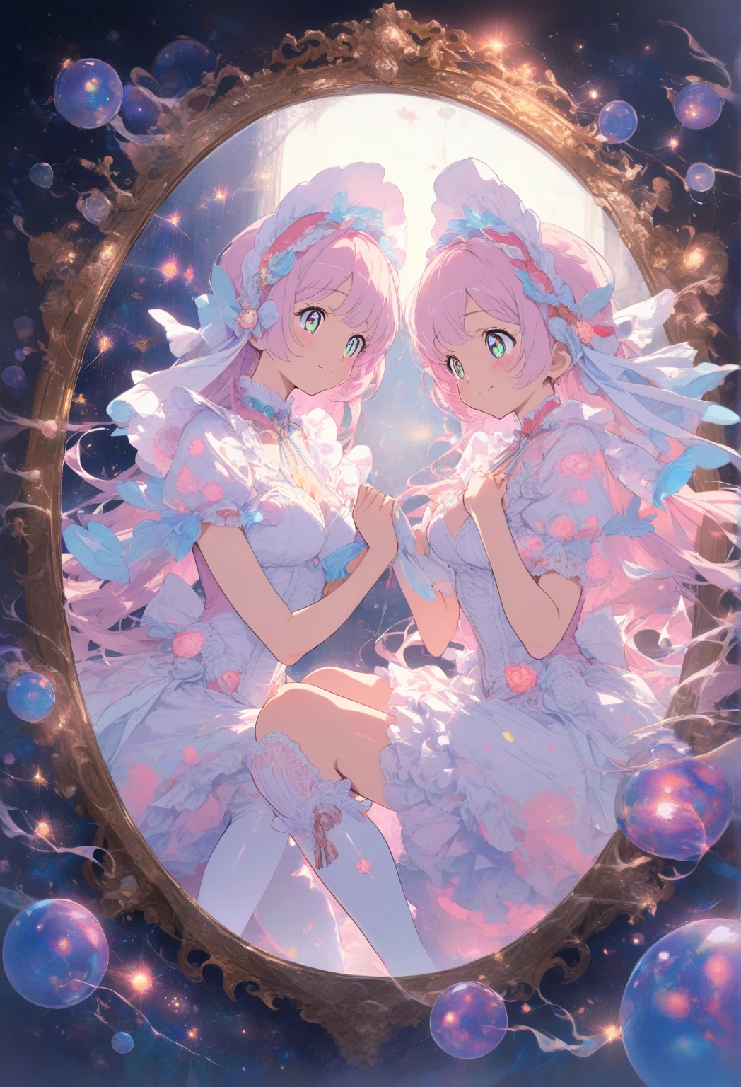 Character portrait、whole bodyエズビアン、masterpiece、Best image quality、highest quality、(Two girls next to each other:1.8)、Pointing the finger、cute、Precious stones、Jewelry Dress、Transparent dress、See-through sleeves、Precious stones、Precious stones、(jewel dress:1.2)、Opal colored hair、Yellow Eyes、(whole body:1.5)、(Plump pink nipples:1)、feet、(Toes:1.3)、(See-through white dress:1.6)、(Thick thighs:1.3)、(Cleavage)、(Sideboob)、(Underboob)、(White panties:1)、(Big Breasts:1.7)、(slender:1.5)、(vapor:1),(Sweat:1)、(raise your right hand up:1.5)