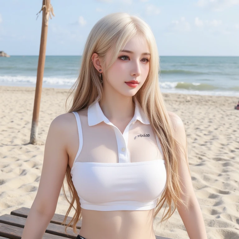 1girl, (Blue Eyes), (smiling :1.2), (Sana Minatozaki), (beautiful makeup :1.2), wide hips, Big tits, big ass, (Best Quality, 8k, Masterpiece: 1.3), Clear Focus: 1.2, Perfect Body Beauty: 1.4, strong abs, Highly detailed face and skin texture, detailed eyes, double eyelids, red lips, (blond long hair whit bangs :1.2), (tight t-shirt :1.1), (black thong), standing, dynamic pose, in a beach sea in the background, blurred background