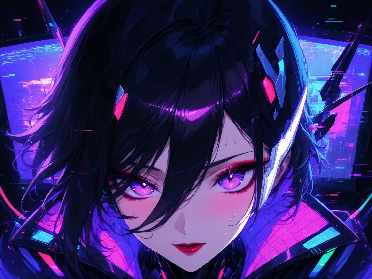 (Glitch art: 1.4, Incredible high resolution, Masterpiece, Top quality, Highly detailed, CG, High quality animation), Woman on a monitor screen, Glowing green, Digital glitch all over the body: 1.4, Glitch noise: 1.4, Glitch: 1.4, List of numbers floating behind, Monitor, Through the screen,
 BREAK (Cyber ​​villain costume, Design combines futuristic and demonic elements, Futuristic exoskeleton, Cyber ​​goggles, Electronic lights and LEDs built into the whole costume create a strong cyberpunk feel), (Black hair, Hair between eyes, Purple eyes, Half-open slanted eyes, Red lips, Villainous makeup with dark lipstick and eyeshadow, Blushing cheeks, Very beautiful and detailed face, Sweat)