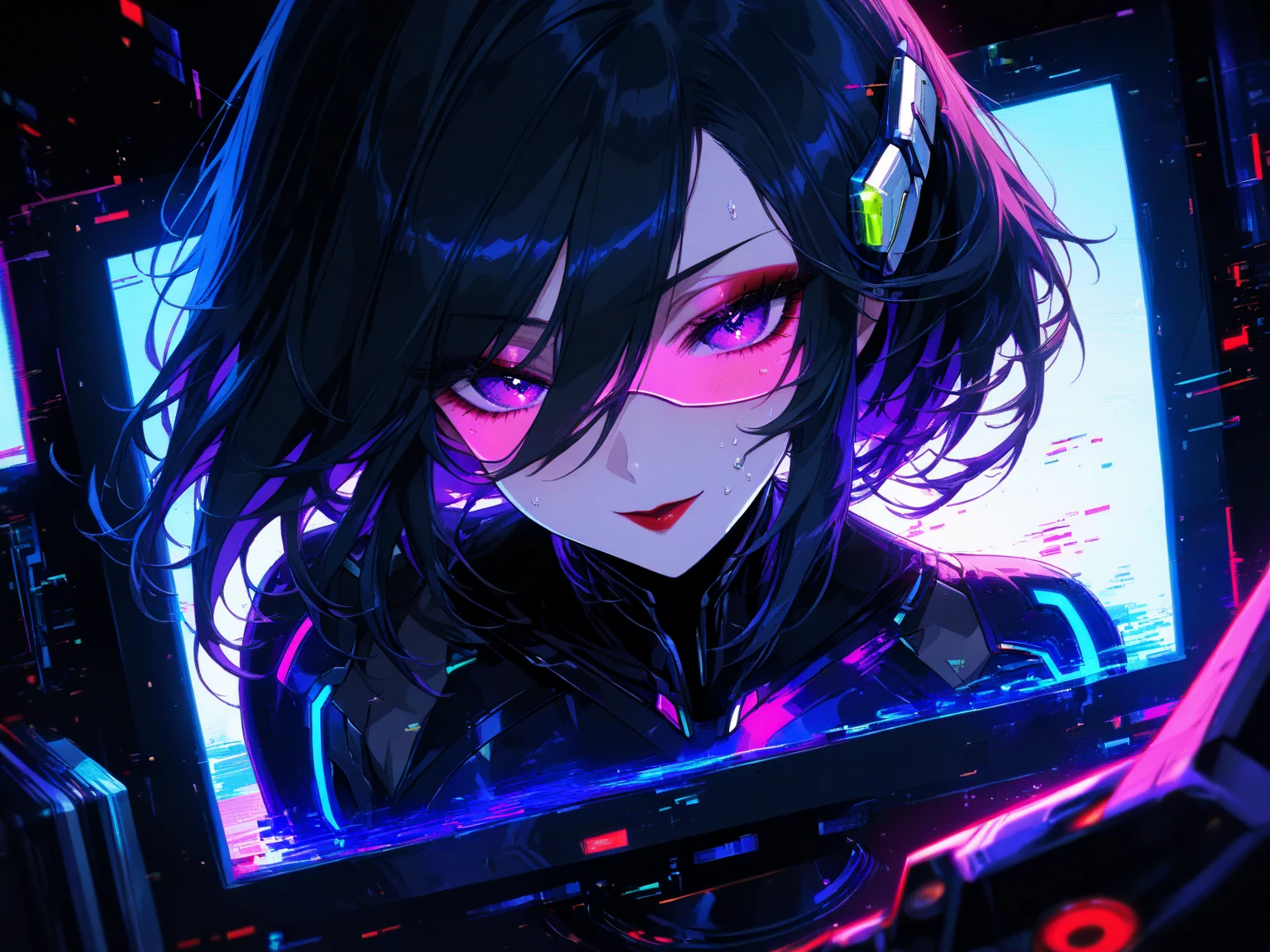 (Glitch art: 1.4, Incredible high resolution, Masterpiece, Top quality, Highly detailed, CG, High quality animation), Woman on a monitor screen, Glowing green, Digital glitch all over the body: 1.4, Glitch noise: 1.4, Glitch: 1.4, List of numbers floating behind, Monitor, Through the screen,
 BREAK (Cyber ​​villain costume, Design combines futuristic and demonic elements, Futuristic exoskeleton, Cyber ​​goggles, Electronic lights and LEDs built into the whole costume create a strong cyberpunk feel), (Black hair, Hair between eyes, Purple eyes, Half-open slanted eyes, Red lips, Villainous makeup with dark lipstick and eyeshadow, Blushing cheeks, Very beautiful and detailed face, Sweat)