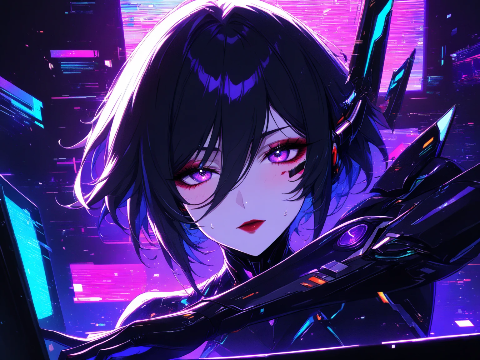 (Glitch art: 1.4, Incredible high resolution, Masterpiece, Top quality, Highly detailed, CG, High quality animation), Woman on a monitor screen, Glowing green, Digital glitch all over the body: 1.4, Glitch noise: 1.4, Glitch: 1.4, List of numbers floating behind, Monitor, Through the screen,
 BREAK (Cyber ​​villain costume, Design combines futuristic and demonic elements, Futuristic exoskeleton, Cyber ​​goggles, Electronic lights and LEDs built into the whole costume create a strong cyberpunk feel), (Black hair, Hair between eyes, Purple eyes, Half-open slanted eyes, Red lips, Villainous makeup with dark lipstick and eyeshadow, Blushing cheeks, Very beautiful and detailed face, Sweat)