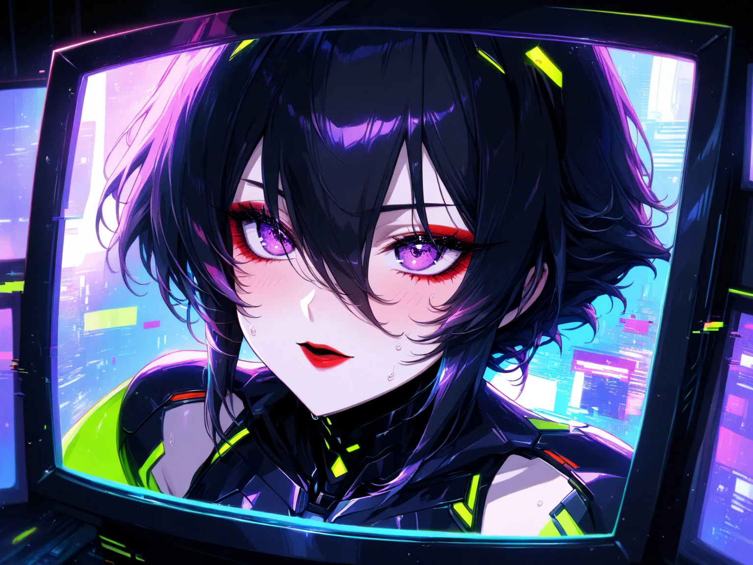 (Glitch art: 1.4, Incredible high resolution, Masterpiece, Top quality, Highly detailed, CG, High quality animation), Woman on a monitor screen, Glowing green, Digital glitch all over the body: 1.4, Glitch noise: 1.4, Glitch: 1.4, List of numbers floating behind, Monitor, Through the screen,
 BREAK (Cyber ​​villain costume, Design combines futuristic and demonic elements, Futuristic exoskeleton, Cyber ​​goggles, Electronic lights and LEDs built into the whole costume create a strong cyberpunk feel), (Black hair, Hair between eyes, Purple eyes, Half-open slanted eyes, Red lips, Villainous makeup with dark lipstick and eyeshadow, Blushing cheeks, Very beautiful and detailed face, Sweat)