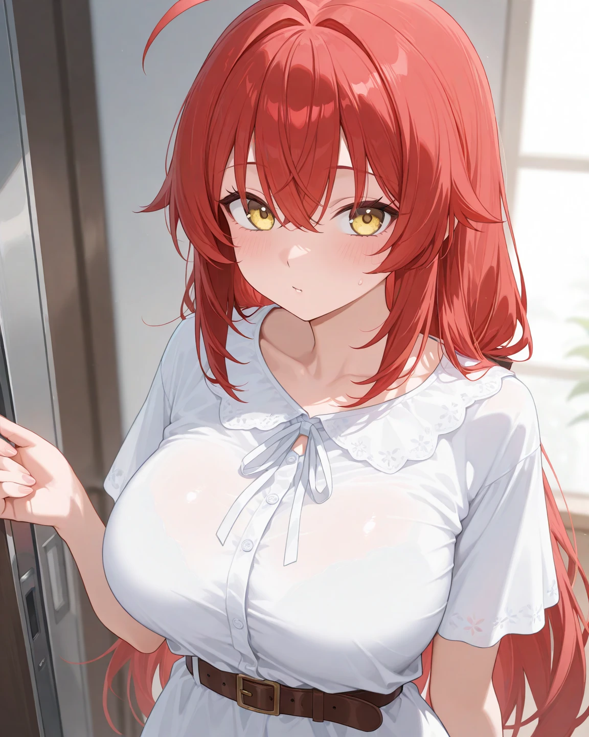 room, 1 Girl, Highest quality, Ultra-high resolution, Long Hair, Redhead, Green Eyes,Looking at the audience, Small breasts , Shy face、Watery eye, Open your mouth、Cowboy Shot、camisole、hot pants、Western-style room,Face close-up、kneel、 (Fellatio gestures:1.3), (Open your mouth:1.2), Leaning forward, (Long Tongue:1.3), (Place your hand near your mouth)、(2 boys、12 years old、2 Penis:1.3)、Facial:1.3,Ejaculating and releasing a lot of semen、Staring at the penis:1.3