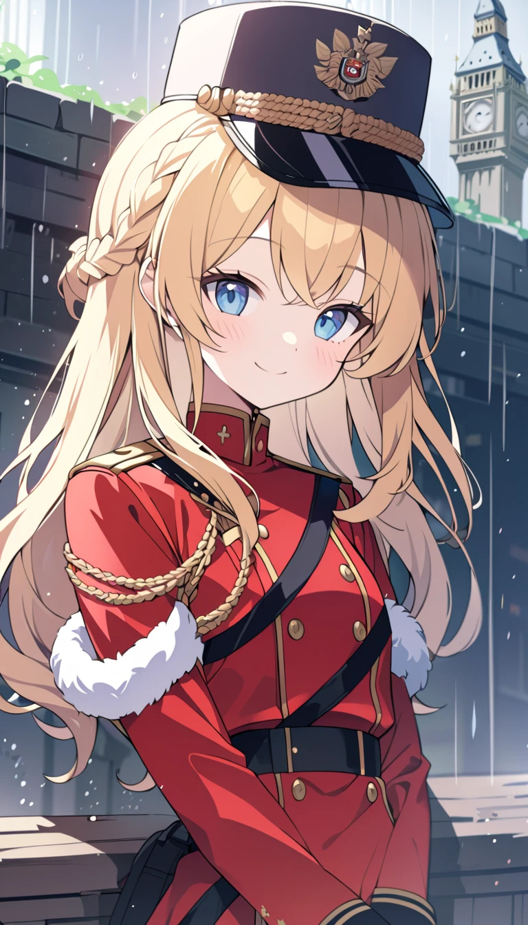 18 year old girl, Wearing a Santa costume、Blonde ponytail、Ahoge、big round red eyes、A slight smil、Laugh、small tits、Realistic painting in every detail, Christmas Outdoors、delicate detail、facial close-up
