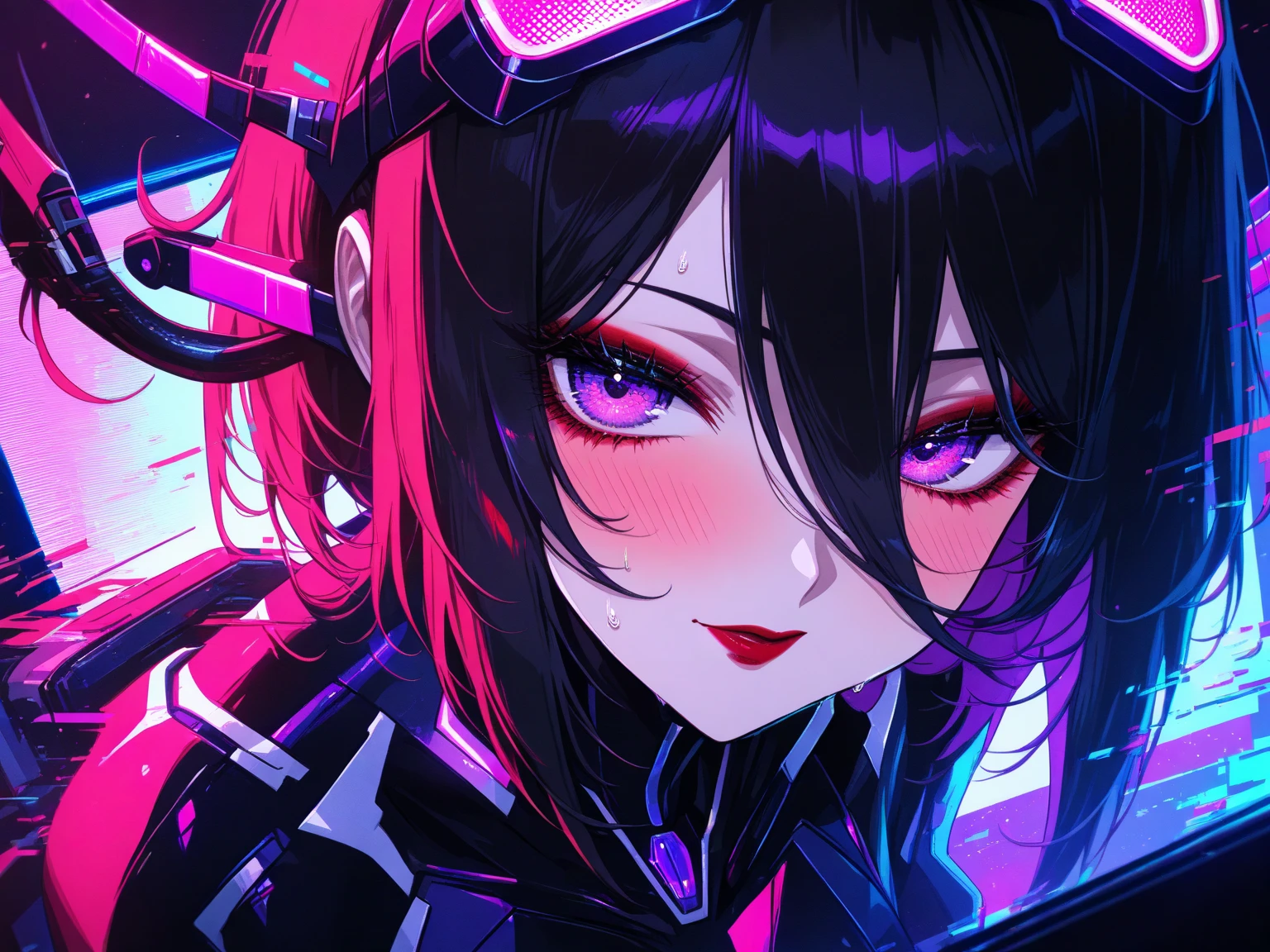 (Glitch art: 1.4, Incredible high resolution, Masterpiece, Top quality, Highly detailed, CG, High quality animation), Woman on a monitor screen, Glowing green, Digital glitch all over the body: 1.4, Glitch noise: 1.4, Glitch: 1.4, List of numbers floating behind, Monitor, Through the screen,
 BREAK (Cyber ​​villain costume, Design combines futuristic and demonic elements, Futuristic exoskeleton, Cyber ​​goggles, Electronic lights and LEDs built into the whole costume create a strong cyberpunk feel), (Black hair, Hair between eyes, Purple eyes, Half-open slanted eyes, Red lips, Villainous makeup with dark lipstick and eyeshadow, Blushing cheeks, Very beautiful and detailed face, Sweat)