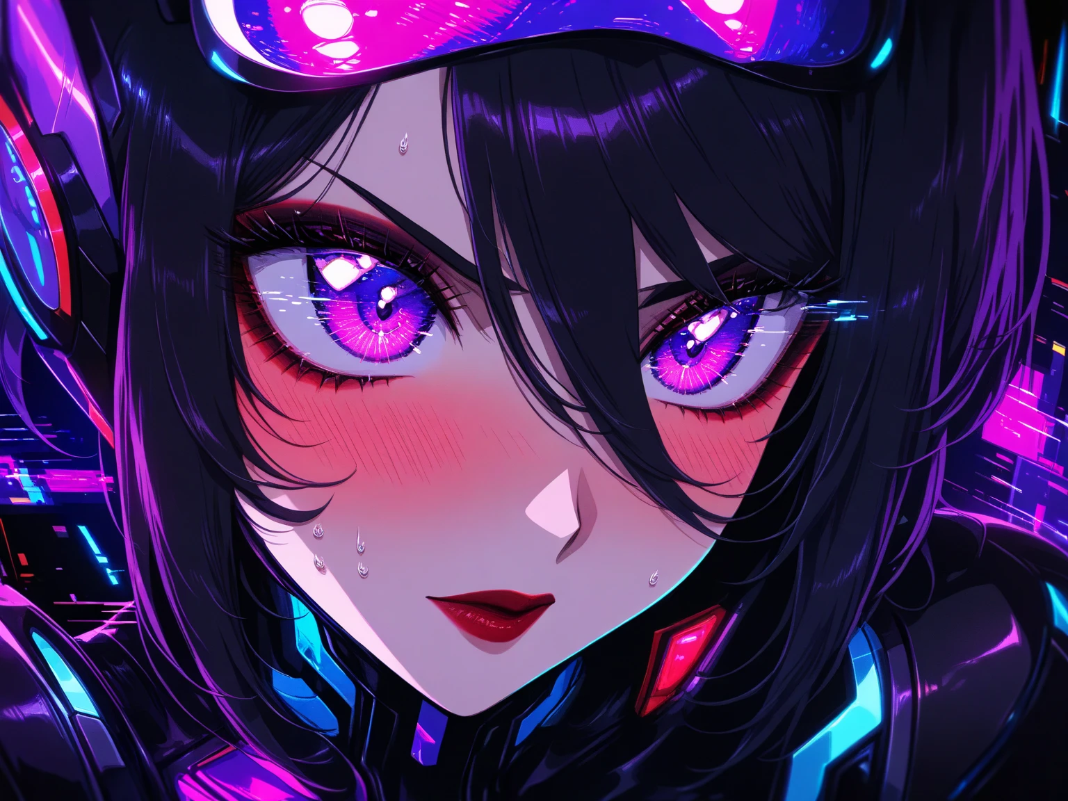 (Glitch art: 1.4, Incredible high resolution, Masterpiece, Top quality, Highly detailed, CG, High quality animation), Woman on a monitor screen, Glowing green, Digital glitch all over the body: 1.4, Glitch noise: 1.4, Glitch: 1.4, List of numbers floating behind, Monitor, Through the screen,
 BREAK (Cyber ​​villain costume, Design combines futuristic and demonic elements, Futuristic exoskeleton, Cyber ​​goggles, Electronic lights and LEDs built into the whole costume create a strong cyberpunk feel), (Black hair, Hair between eyes, Purple eyes, Half-open slanted eyes, Red lips, Villainous makeup with dark lipstick and eyeshadow, Blushing cheeks, Very beautiful and detailed face, Sweat)