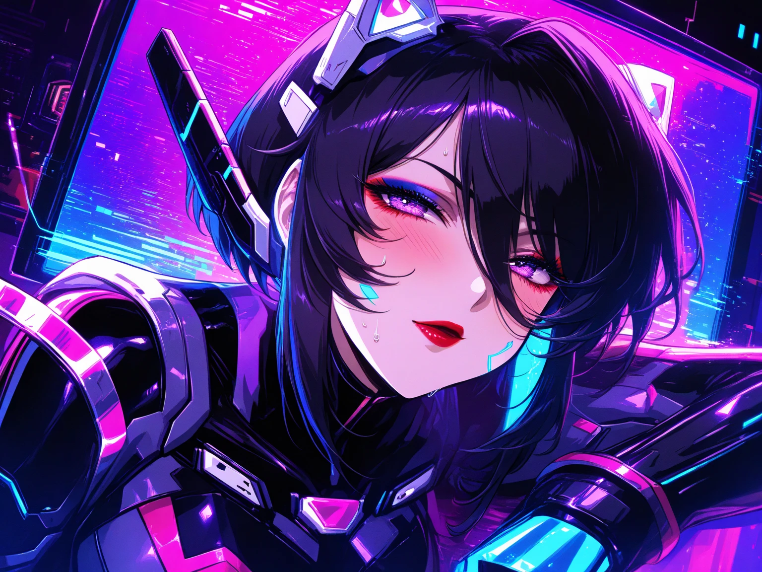 (Glitch art: 1.4, Incredible high resolution, Masterpiece, Top quality, Highly detailed, CG, High quality animation), Woman on a monitor screen, Glowing green, Digital glitch all over the body: 1.4, Glitch noise: 1.4, Glitch: 1.4, List of numbers floating behind, Monitor, Through the screen,
 BREAK (Cyber ​​villain costume, Design combines futuristic and demonic elements, Futuristic exoskeleton, Cyber ​​goggles, Electronic lights and LEDs built into the whole costume create a strong cyberpunk feel), (Black hair, Hair between eyes, Purple eyes, Half-open slanted eyes, Red lips, Villainous makeup with dark lipstick and eyeshadow, Blushing cheeks, Very beautiful and detailed face, Sweat)