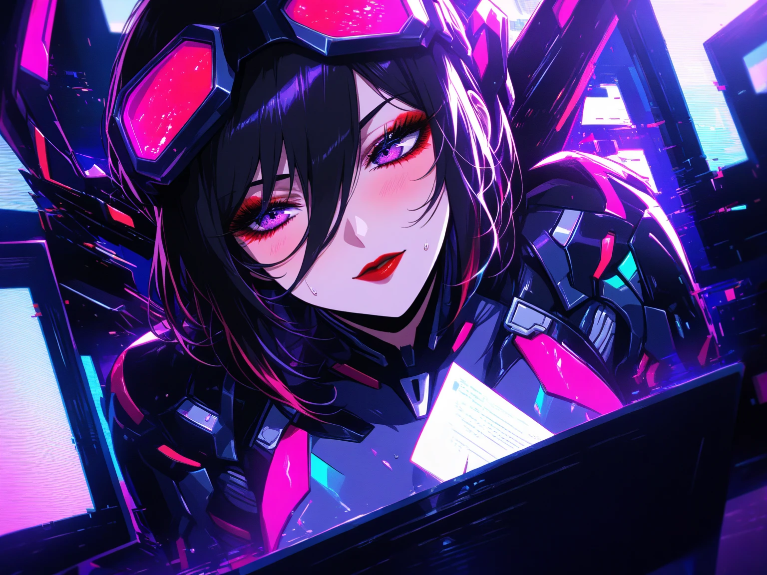 (Glitch art: 1.4, Incredible high resolution, Masterpiece, Top quality, Highly detailed, CG, High quality animation), Woman on a monitor screen, Glowing green, Digital glitch all over the body: 1.4, Glitch noise: 1.4, Glitch: 1.4, List of numbers floating behind, Monitor, Through the screen,
 BREAK (Cyber ​​villain costume, Design combines futuristic and demonic elements, Futuristic exoskeleton, Cyber ​​goggles, Electronic lights and LEDs built into the whole costume create a strong cyberpunk feel), (Black hair, Hair between eyes, Purple eyes, Half-open slanted eyes, Red lips, Villainous makeup with dark lipstick and eyeshadow, Blushing cheeks, Very beautiful and detailed face, Sweat)