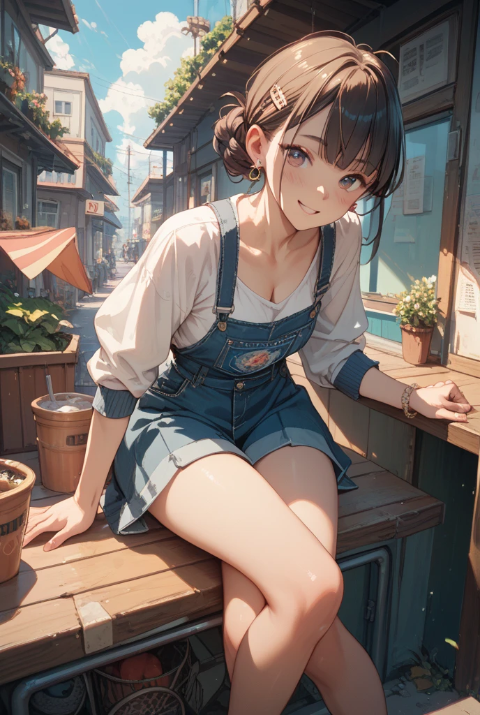 realistic anime illustration of young woman is smiling (+teeth), and waiting at the roof of bus stop, she is brown braid with lemon-yellow headband, wearing lemon-yellow sleeveless turtleneck, prussian-blue denim pinafore pencil mini dress, brown boots, (1girl, solo, full body), (masterpiece, best quality, japanese anime style), (expressive eyes, perfect face, perfect anatomy)