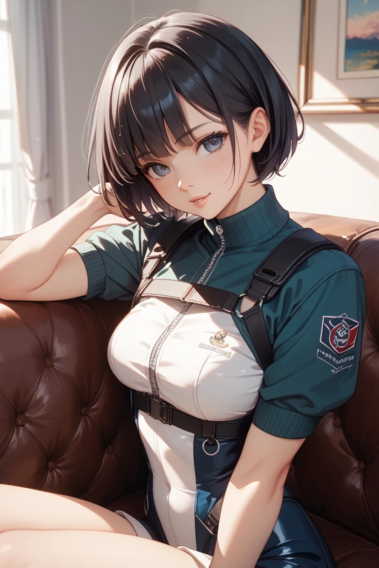 Cute girl, black hair, blue eyes, wearing a WWII army uniform, big breasts, exposed stomach,