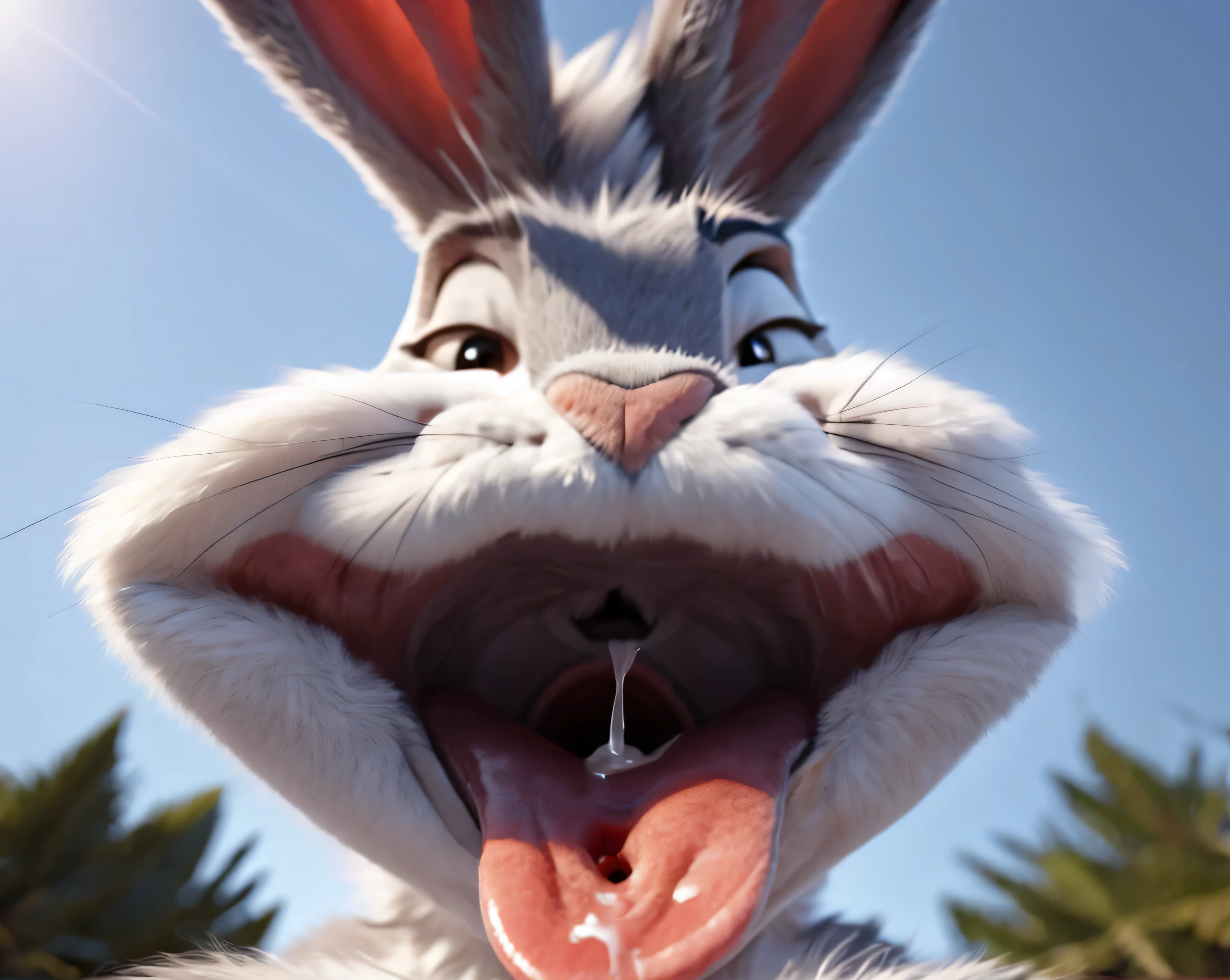 detailed bedroom eyes, (white sclera:1.2),
BREAK
Butt shot , macro point of view, Bugs Bunny, fluffy tail, chest fluff, long thick penis, gaping anus dripping with cum, looking at viewer, bedroom eyes, mouth wide open, tongue hanging out, uvula showing