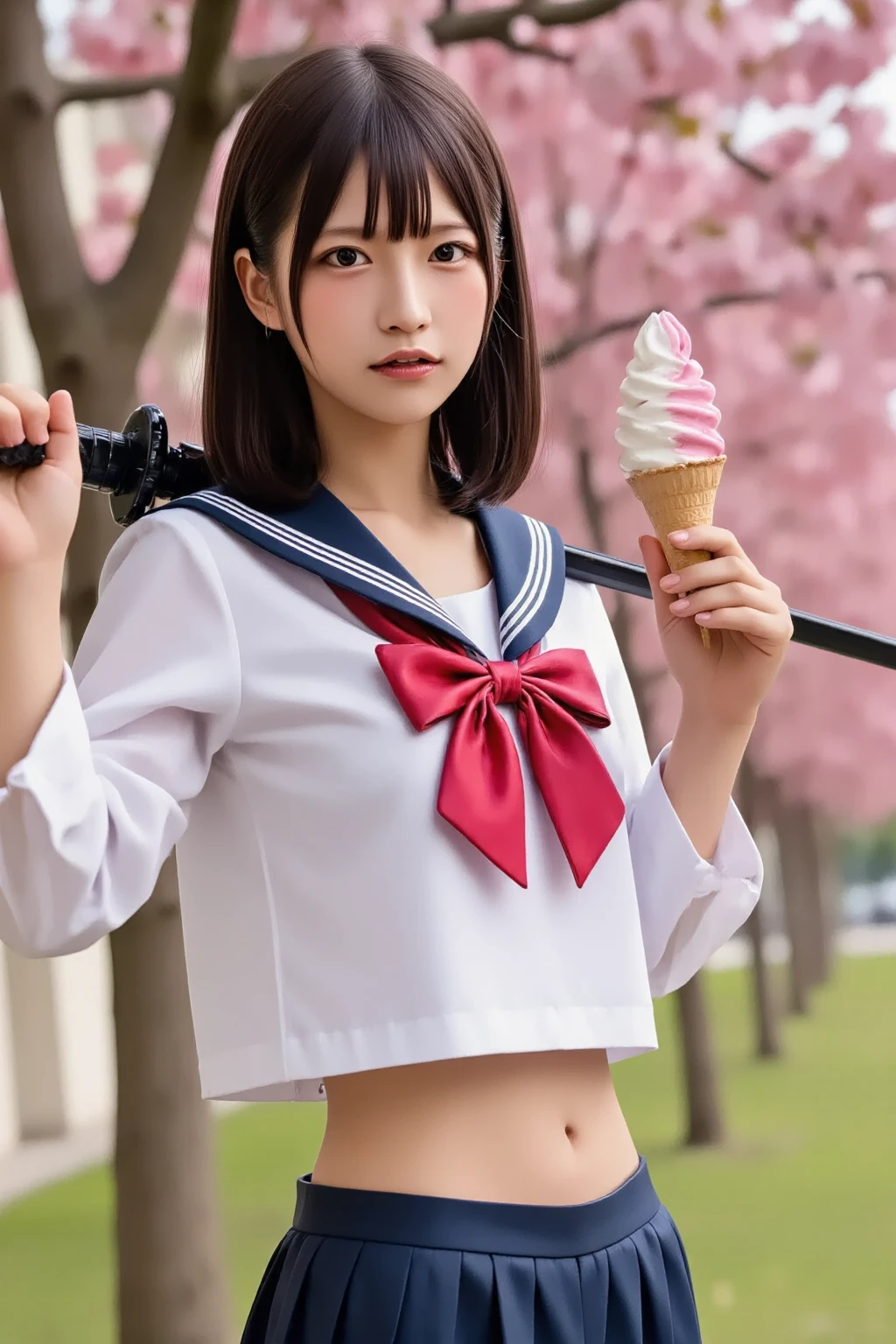 Pubic hair grows、Smile full of happiness、((Looks happy:1.3))、Pink Panties、、Panting face、Lacking、school girl outfit(Plaid miniskirt)、a sailor suit、Sweating、Expression in a state of excitement、short-hair、eye glass、((Licking soft-serve ice cream:1.3))、((pulling panties down:1.3))