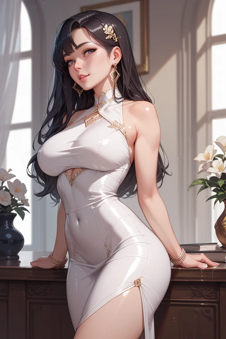 A beautiful girl, 22 years old, sexy theme, perfect face shape, oversize model, mature woman, tall long legs, (((super huge breasts))), (((glazed pupils))), long messy hair, happy, hand details, finger details, beautiful anime Huaifu style girl, super detailed painting, luminescism, art concept art by Kahn Griffith and Vadim Kashin, abstract beauty, standing, close to perfection, pure form, golden ratio, concept art, by Brian Froud, Carne Griffiths, Wadim Kashin and John William Waterhouse, intricate detail, 16k post-production, high resolution, hyperdetail, Artstation trend, sharp focus, studio photos, intricate detail, high detail,She wears the traditional Vietnamese dress ao dai , ao dai Vietnamese,She has big breasts, saggy breasts,She has beautiful big round eyes ,Double eyelid