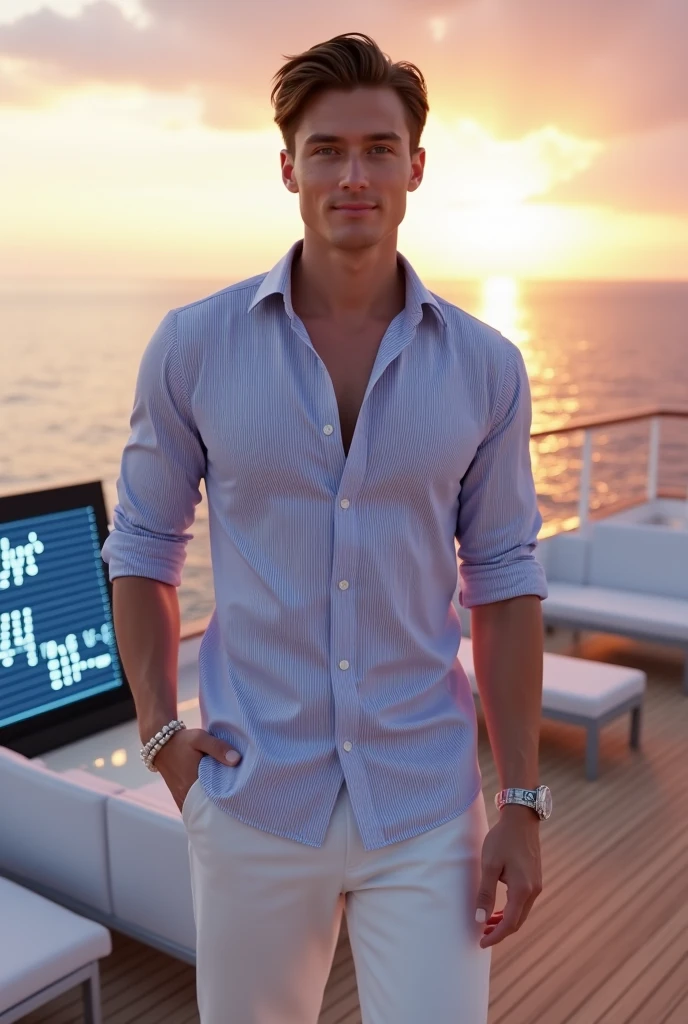 (((wide shot, full body, handsome 35 year old desirable caucasian man with distinguished features posing next to the railing on a cruise ship at sunrise))), (sunglasses stylish blue shirt, white pants, loafers), (light brown crew cut hair, cropped sides, clean shaved face, intriguing brown eyes), muscular build, tall height, seductive smile with a flirty smile, detailed depiction of facial features, perfectly symmetrical face, bright outdoor sunrise lighting masterfully accentuates his excellent features blue atmosphere 