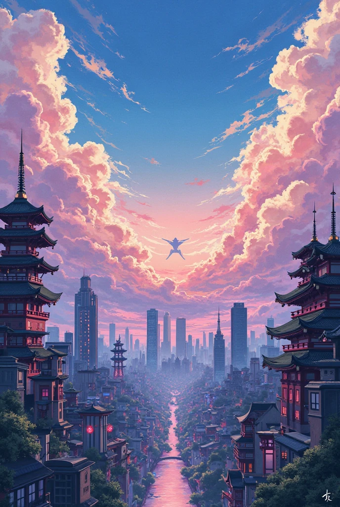 Draw me a picture of a Japanese anime-style city sky