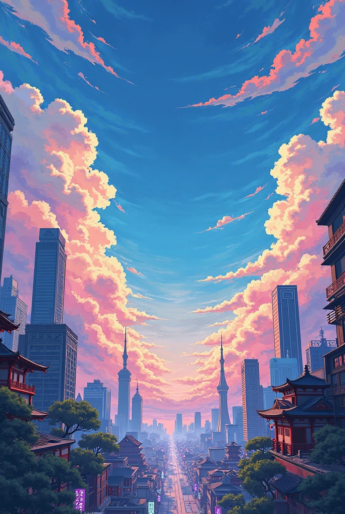 Draw me a picture of a Japanese anime-style city sky