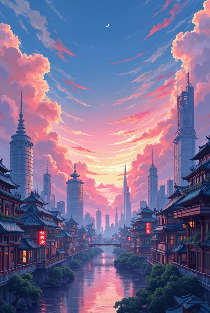Draw me a picture of a Japanese anime-style city sky