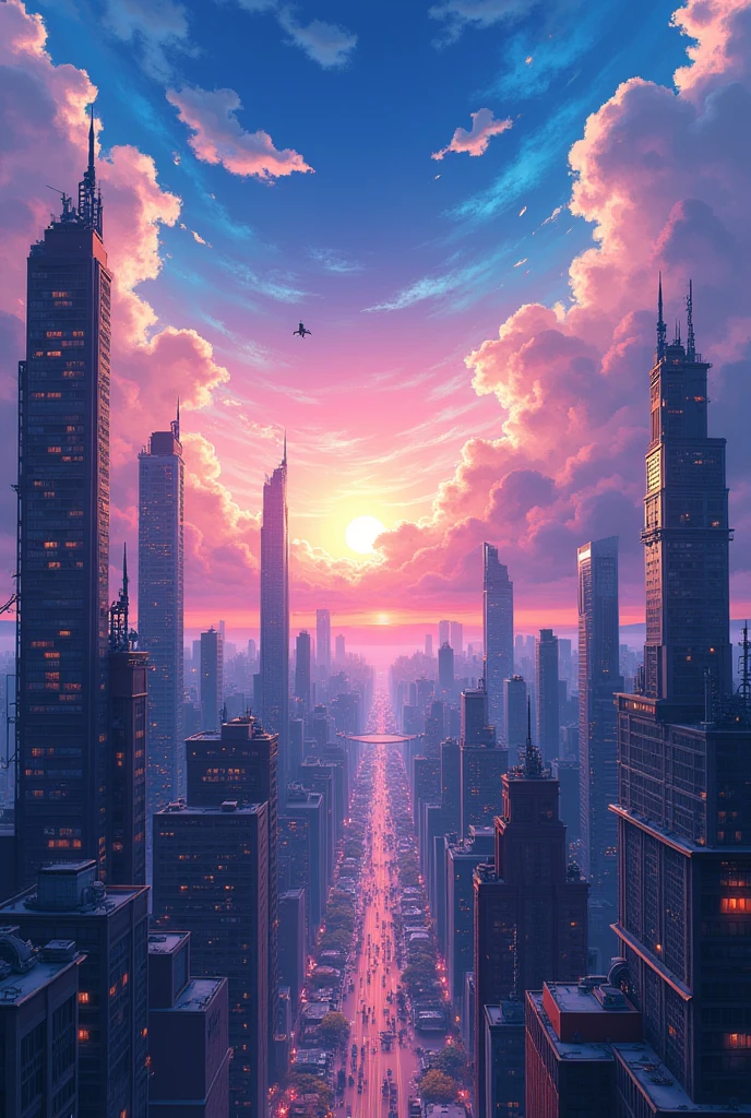 Draw me a picture of a Japanese anime-style city sky with lots of buildings