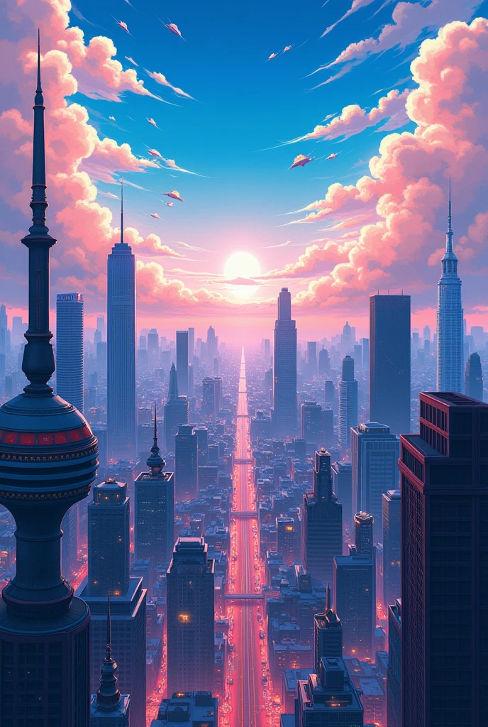 Draw me a picture of a Japanese anime-style city sky with lots of buildings