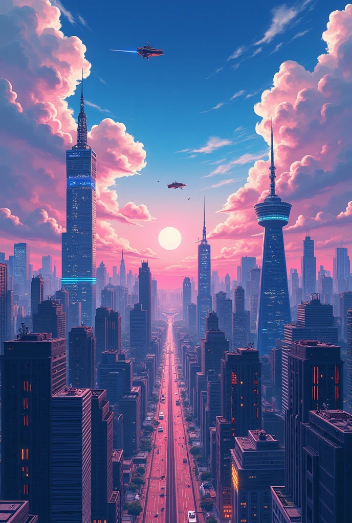 Draw me a picture of a Japanese anime-style city sky with lots of buildings