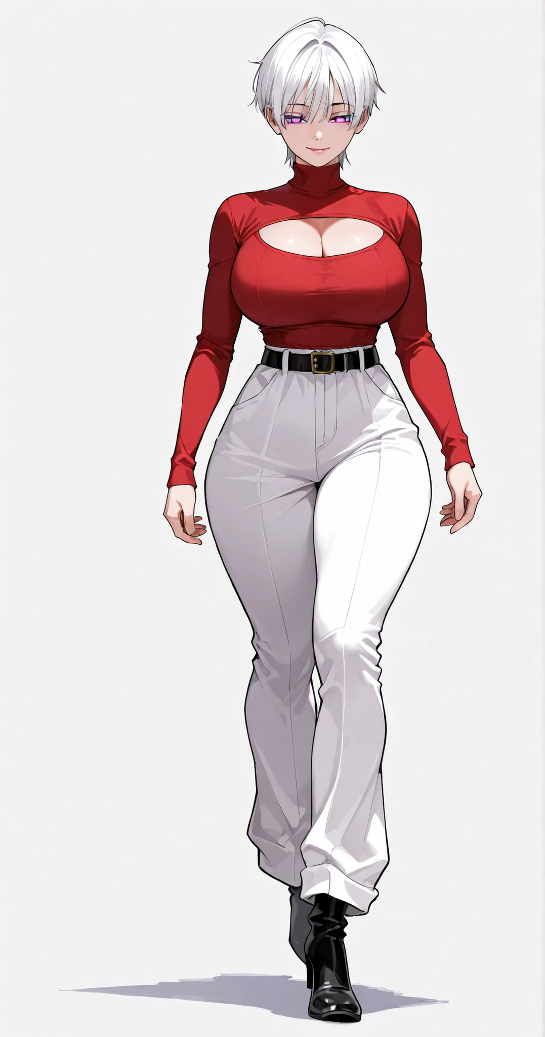 1 girl, tomboy, beautiful face, short hair, straight hair, white hair,glowing purple eyes, reddish lips, slight smile, bright skin, white eyelashes, cold eyes, sexy body, fit body, hourglass figure, thick thighs, long legs, big breast, red long sleeve turtleneck, cleavage, white pants, flared end pants, full pants, black belt, black high heel boots, walking, front view, full body, plain white background