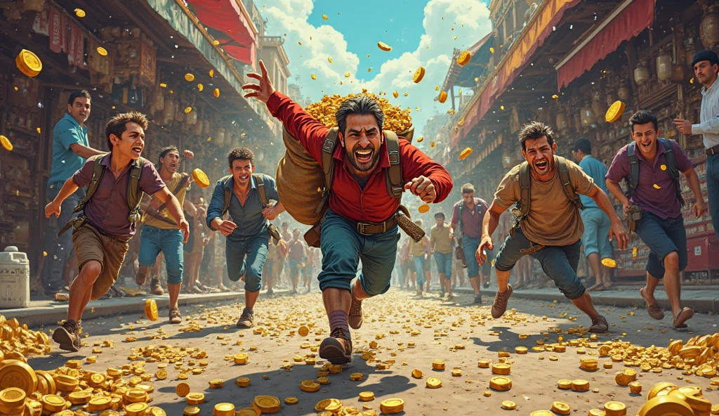  Illustrate a comic-style scene of a man running through a market street with a bulging bag of gold coins. His expression is panicked, and he is looking over his shoulder. Behind him, other people chase after him, trying to catch up, while coins fall from the bag.