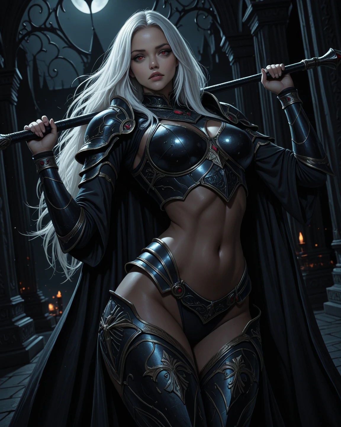 ((1girl, solo)), elf, (pointy ears:1.3), (large breasts:1.5), (abs:1.3), colored skin, pale skin, beautiful body, (perfect anatomy, perfect body, perfect hands, perfect legs), nice hands, natural proportions, sexy body, standing BREAK 

((extremely detailed face)), (red eyes:1.5), (black eye shadow:1.3), (beautiful detailed eyes:1.6), (realistic pupils, realistic iris:1), expressive eyes, ((looking at viewer)), (clear eyes:1.3), (hyperrealistic:1.2), (detailed skin texture:1.2), smooth skin, blonde hair, long hair, (detailed lips:1.2), (attractive lips:1.1), (glossy lips:1.1), perfect face, perfect eyes BREAK

bikini armor, hood, hood up, pauldrons, cape, shoulder armor, arm guard, stomach, navel, thighs, thighhighs BREAK

(masterpiece:1.5), anime-style, top quality, best quality, (beautiful and aesthetic:1.2), (ultra detail:1.5), Ultra-detailed depiction, Ultra-precise depiction, extremely detailed 8k illustration, high resolution, (highly detailed shading:1.2), (realistic lighting:1.4), perfect lighting, vibrant colors, dynamic tones, striking hues, 8k, absurd resolution, perfect shadows, hdr, UHD, ambient lighting, realistic, ultra-realistic, photo realistic, highly detailed, rich detail, luminous colors, fine texture, intricate design, professional illustration, (soft light:1.2), (illustration:0.7)