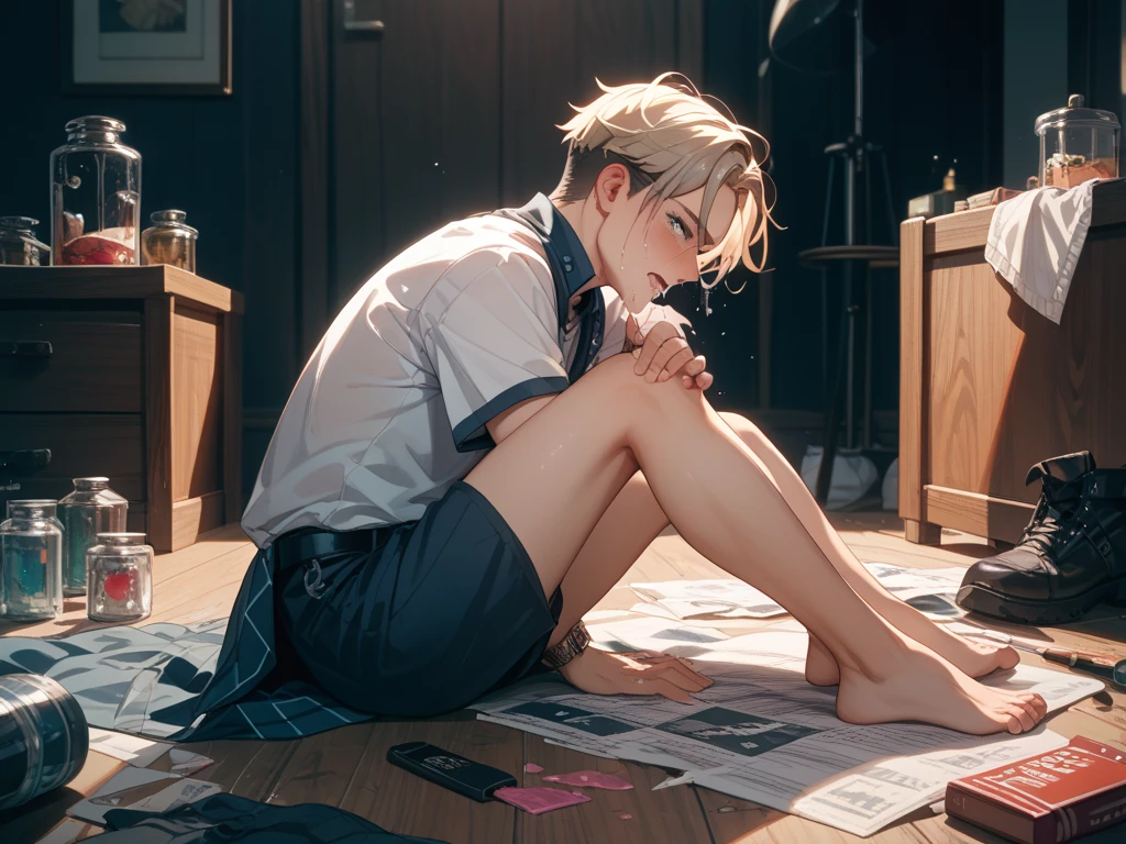 one boy、Ragged Clothes、Knees on the ground、Oblique from the top right 、back side、is crying、I have a human face on my back、dark room、The ground is messy with chemicals、masterpiece、top quality、uncensored