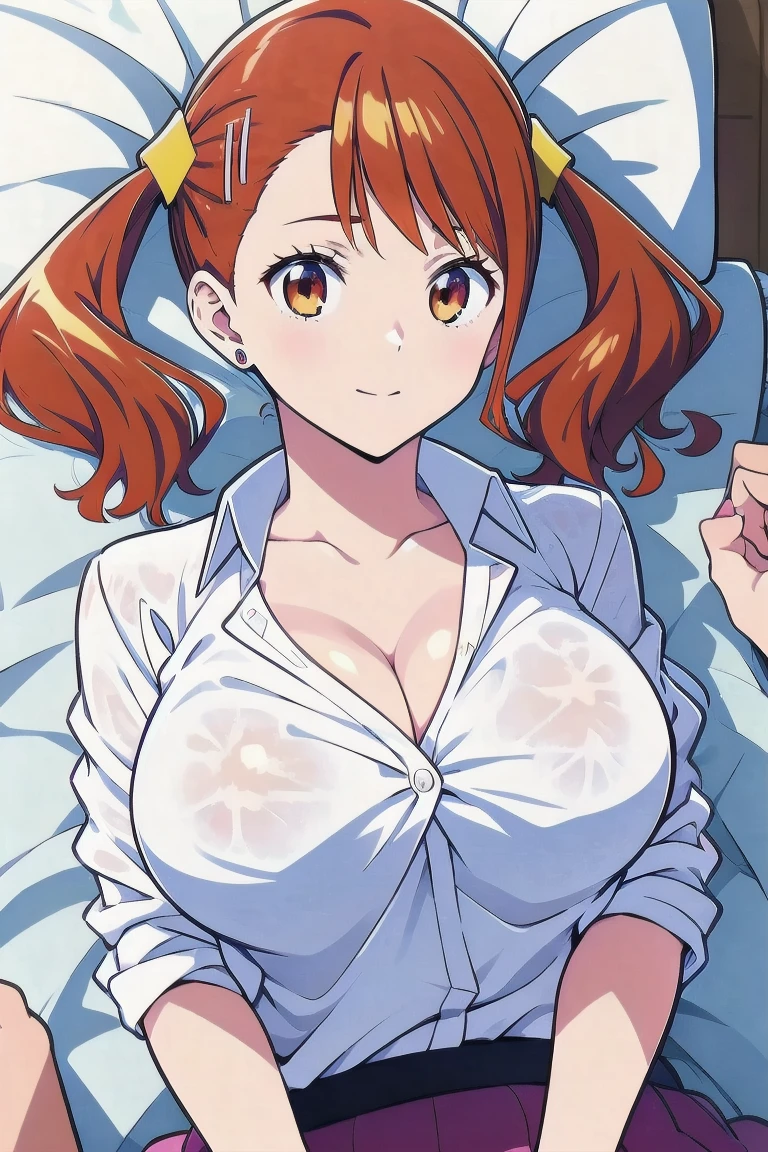 from side,1boy,1girl,paizuri,penis,penis in breasts,cum shot,high resolution、masterpiece、high quality、4k,8k,,fukawa_miku, green eyes, orange hair, long hair, ponytail, green bow, (white under wear,white bra,white,panties:1.4),(gigantic breasts:1.6),official art、(restaurant),cowboy shot,(breast grab),looking at viewer,smile,nose brush