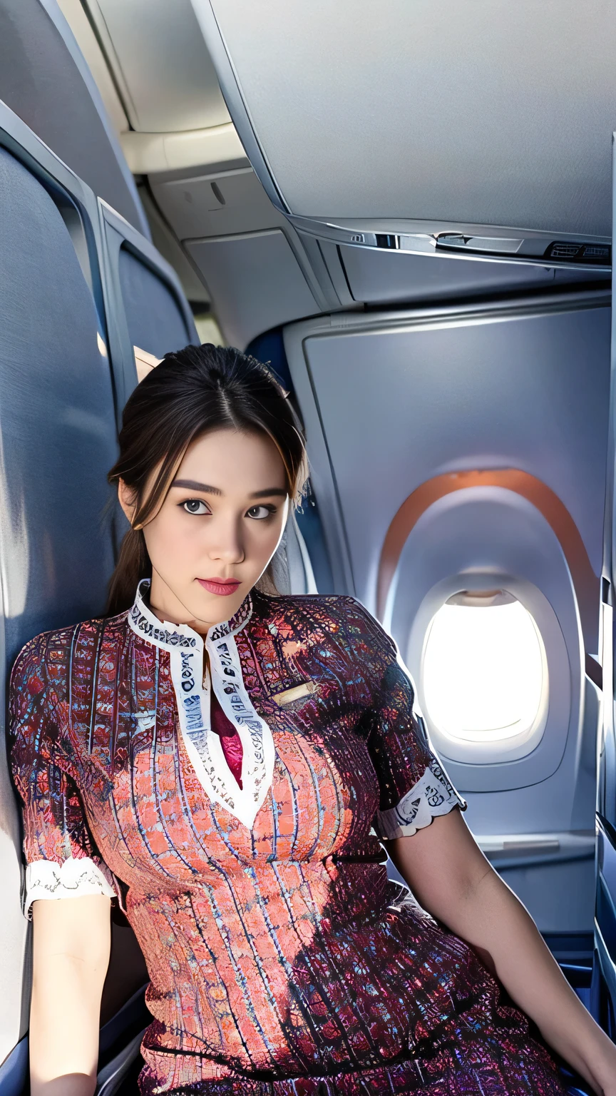 Highest quality, masterpiece, 8K, Ultra-high resolution, (Photorealistic:1.4), Preity Zinta、Beautiful Face、Symmetrical eyes、Big colossal breasts、Perfect Body Proportions、(Stewardess Uniform)、Look at the viewers、(Inside the plane:1.2)、View from the front、shoulder、Angle from below、View from below、Thigh Emphasis、Big Cleavage、Seductive pose、Pink lace panties、that,Cabin attendant
