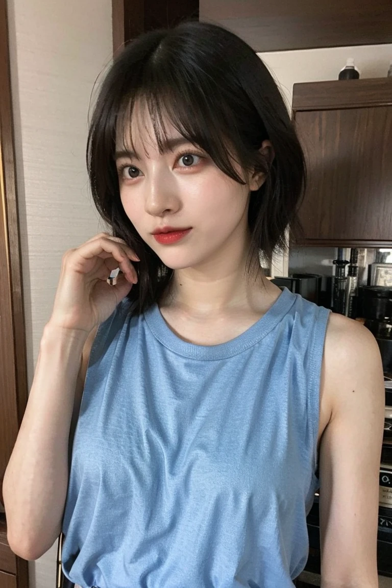 Girl short hair Blue hair Blue eyes Blue matching Smile confidently Correct limbs, (selfie:1.3).