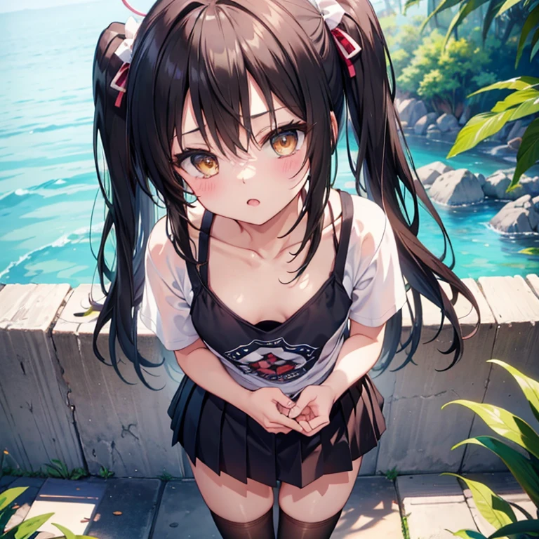 (best quality,4K,8k,high resolution,masterpiece:1.2),super detailed,(actual,realistically,realistically:1.37), Ultra high definition face, Woman in striped bikini posing for photo, ((white oversized t-shirt), ((glossy lip)), attractive girl, (gyaru:1.2), (caramel skin:1.3), jaw-dropping beauty, large breasts, Thin waist and thick hips, hourglass figure, rosy cheeks, (((beautiful black and pink mesh hair))), Alluring with a smile, Bokeh, Dynamic Angle, (((Leaning forward:1.2))), close arms, Close-up face:1.5, whole body, From below:1.2, (Correct Anatomy:1.6, Ideal body proportions, The right move:1.5, Small hands), in the poolside, midjourney