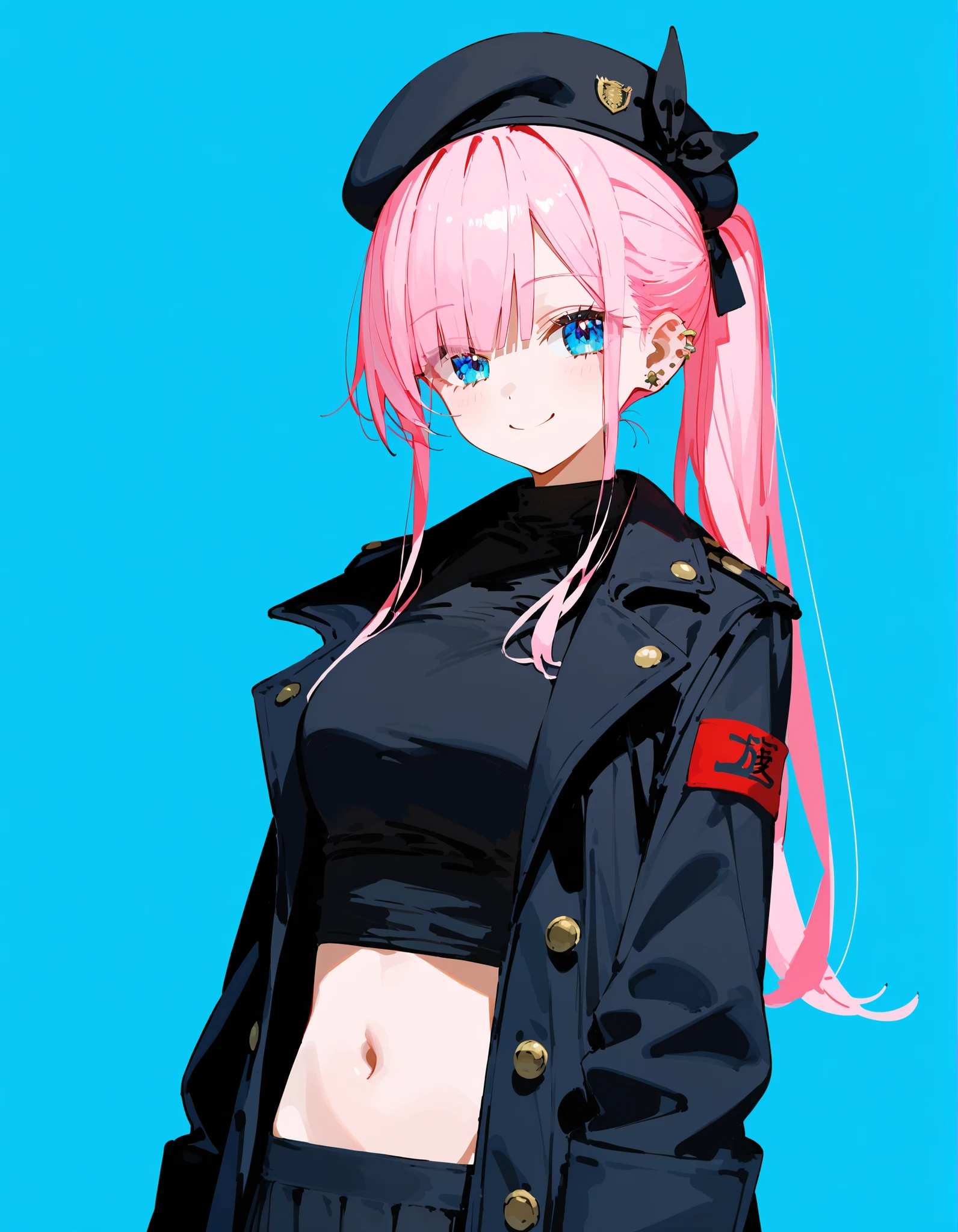 ((masterpiece,best quality)), absurdres, <lora:Zoe_Rayne_Palworld:0.8>, Zoe_Rayne, long hair, skirt, thighhighs, long sleeves, hat, standing, jacket, ponytail, ass, belt, black thighhighs, black skirt, from behind, black jacket, crop top, torn clothes, black headwear, thigh strap, single thighhigh, cropped jacket, looking at viewer, pink eyes, torn thighhighs,
