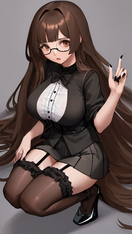 1girl, long hair, brown hair, large chest, black panties, glasses, anime, no bra, lace panties