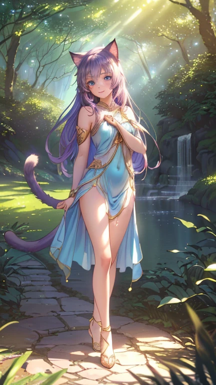 (NSFW:1.9),Marble statue of,Anime-style, Fox Maiden, Purple hair,red eyes, (((squatting with legs open))), ((The tips of the chest protrude)), (((with no underpants)), bangle , anklet, slippers, (((Toes))),((Close-up of feet)),Looking up from below,(Bare transparent crotch), Wet body, Wet clothing, Ancient ruins eroded by vegetation, Water's Edge