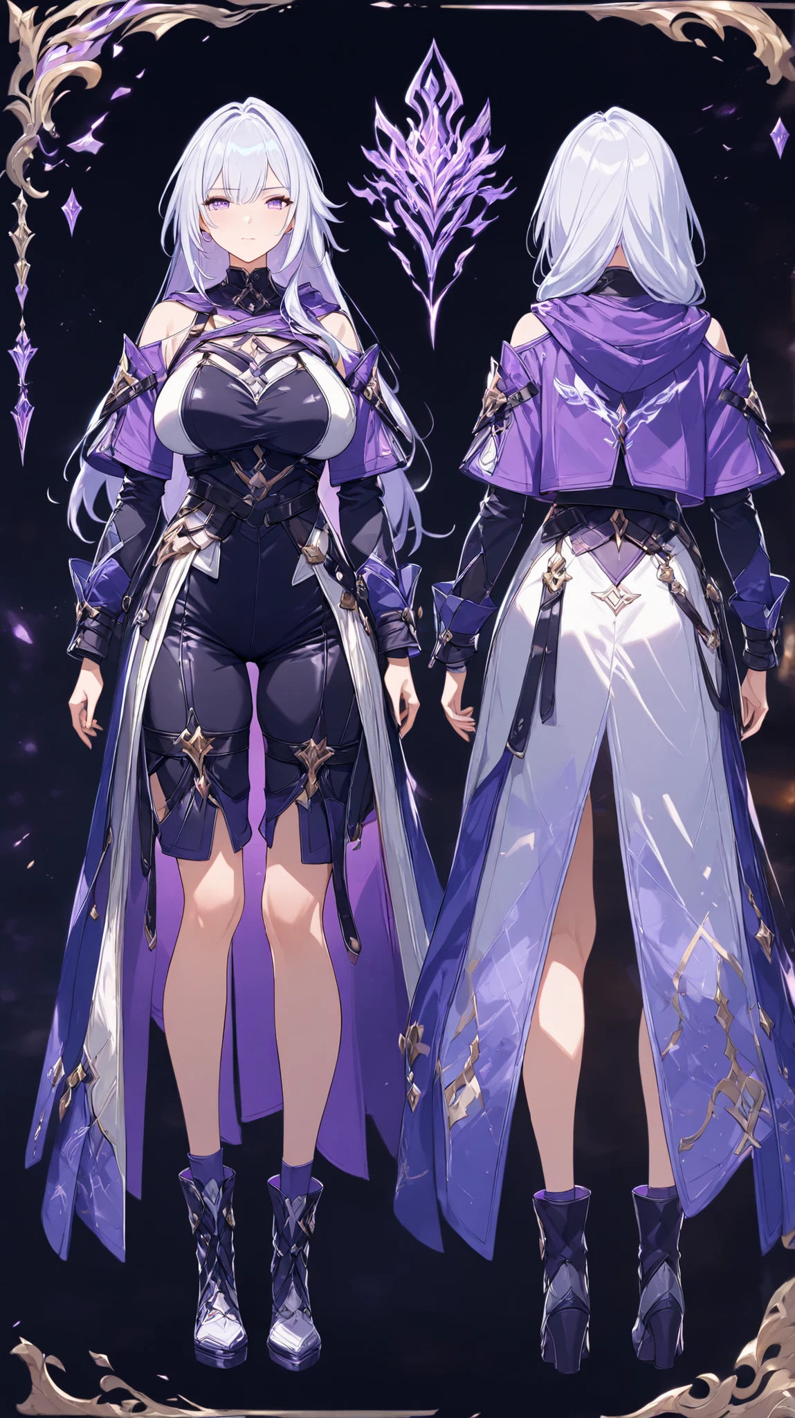 ((masterpiece)), ((best quality)), ((high resolution)), full body, standing, fantasy, fantasy theme, large breast, character sheet, standing,((character front view and back view)),character design,Honkai: Star Rail outfit,long hair,aggressive outfit,sexy outfit,matured female,thongs,