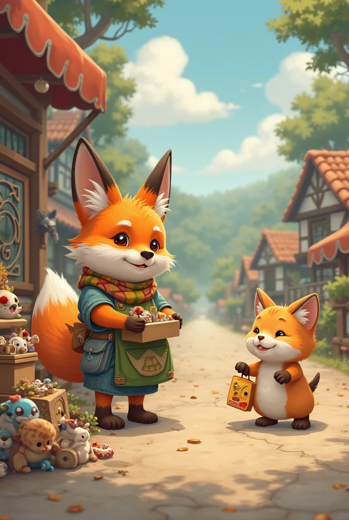 Give me a picture where a cute fox is selling some small toys by the roadside, and a chubby little kitten is walking home with its cute, chubby cat dad."